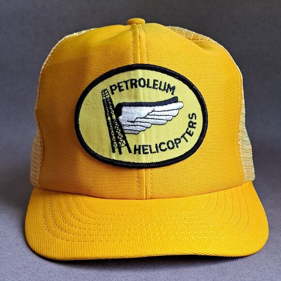 VINTAGE Petroleum Helicopters Patch USED Hat (Yellow, Snapback, Made In USA) - Picture 1 of 9